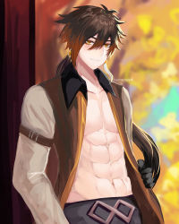 Rule 34 | 1boy, abs, black gloves, black hair, blue sealad, blurry, blurry background, brown hair, closed mouth, collarbone, collared jacket, earrings, genshin impact, gloves, hair between eyes, highres, holding, holding clothes, holding jacket, jacket, jewelry, long hair, long sleeves, looking at viewer, male focus, midriff, multicolored hair, navel, open clothes, open jacket, pectorals, ponytail, single earring, smile, solo, tassel, tassel earrings, toned, toned male, tree, yellow eyes, zhongli (genshin impact)