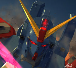 Rule 34 | artist name, atsajh, blue destiny 02, close-up, glowing, glowing eyes, gundam, gundam side story: the blue destiny, highres, looking down, mecha, no humans, red eyes, robot, science fiction, solo, v-fin