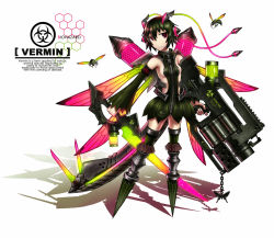 Rule 34 | 1girl, antennae, armor, biohazard symbol, breasts, bug, chain, cyborg, detached sleeves, dress, dual wielding, female focus, full body, gia, glowing, green hair, gun, hair ornament, holding, huge weapon, insect wings, mecha musume, original, personification, pink eyes, shadow, short hair, sideboob, simple background, smile, solo, sword, tail, thighhighs, vermin (gia), weapon, wings, zipper