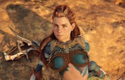 Rule 34 | 1girl, 3d, aloy (horizon), bodypaint, braid, breasts, female focus, freckles, game cg, game console, glitch, horizon (video game), horizon forbidden west, horizon zero dawn, long hair, looking at viewer, messy hair, navel, nipples, outdoors, red hair, solo, sweat, tribal, upper body, video game