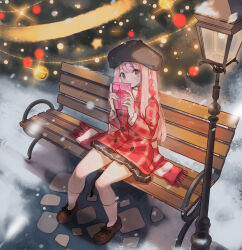 Rule 34 | 1girl, alpaca carlesi, ankle socks, beret, black hat, black skirt, brown footwear, buttons, christmas, christmas ornaments, christmas tree, closed mouth, coat, cobblestone, commentary, commission, english commentary, fringe trim, full body, gift, hat, highres, holding, holding gift, knees, lamppost, layered sleeves, light blush, loafers, long hair, long sleeves, looking at viewer, microskirt, nervous, on bench, original, outdoors, pink eyes, pink hair, plaid, plaid coat, plaid sleeves, pleated skirt, red coat, red scarf, red sleeves, scarf, shoes, sitting, skirt, snow, snowing, socks, solo, sparkle, straight hair, striped clothes, striped scarf, very long hair, white socks