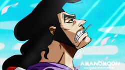 1boy absurdres amanomoon black_hair eyeliner facial_hair food highres kouzuki_oden long_hair looking_up makeup oden one_piece sideburns solo teeth toothpick