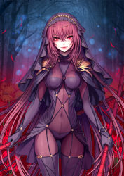 Rule 34 | 1girl, armor, bare tree, bodysuit, breasts, covered navel, dual wielding, fate/grand order, fate (series), flower, forest, gae bolg (fate), highres, holding, holding weapon, large breasts, leotard, light smile, lips, long hair, looking at viewer, nature, outdoors, pauldrons, polearm, purple bodysuit, purple hair, purple leotard, red eyes, redrice, scathach (fate), scathach (fate), shoulder armor, solo, spear, spider lily, tree, veil, weapon