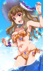 Rule 34 | 1girl, :d, bikini, bracelet, breasts, brown eyes, brown hair, commentary request, dutch angle, hat, highres, idolmaster, idolmaster million live!, jewelry, large breasts, long hair, miyao miya, navel, necklace, ocean, open mouth, run p (aveton), side-tie bikini bottom, smile, solo, stomach, strapless, strapless bikini, straw hat, swimsuit, thick eyebrows, wading, water