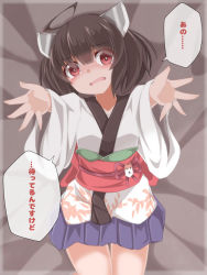 Rule 34 | 1girl, ahoge, ao (aoblueao), bed sheet, black hair, blue skirt, blush, eyes visible through hair, fang, hair over one eye, headgear, highres, japanese clothes, jewelry, kimono, long sleeves, looking at viewer, lying, nose blush, obi, on back, open mouth, outstretched arms, pleated skirt, reaching, reaching towards viewer, red eyes, ring, sash, skirt, solo, tears, touhoku kiritan, translation request, twintails, voiceroid, white kimono, wide sleeves
