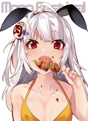 Rule 34 | 1girl, animal ears, antenna hair, bare arms, bare shoulders, bikini, rabbit ears, collarbone, commentary request, eating, fangs, food, food on body, food on face, hair ornament, halterneck, halterneck, holding, holding food, kebab, long hair, looking at viewer, no nose, open mouth, original, red eyes, silver hair, simple background, skewer, solo, swimsuit, upper body, usagihime, white background, yellow bikini