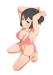Rule 34 | 1girl, armpits, arms up, bad id, bad pixiv id, barefoot, bikini, black hair, blush, breasts, brown eyes, feet, food, full body, hair ornament, hairclip, iwamochi, kneeling, looking up, mouth hold, navel, original, pocky, short hair, side ponytail, simple background, solo, swimsuit, white background