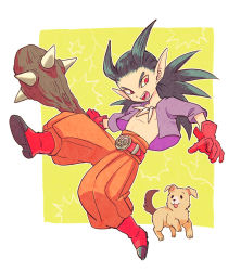 Rule 34 | 1boy, :d, belt, black hair, club, club (weapon), dog, dragon quest, dragon quest builders 2, full body, gloves, holding, holding weapon, long hair, looking at viewer, male focus, open mouth, orange pants, pants, pointy ears, ponytail, purple shirt, red eyes, red footwear, red gloves, shirt, shoes, sidoh (dqb2), simple background, smile, spiked club, spiked hair, teeth, tongue, weapon, yellow background, yuza