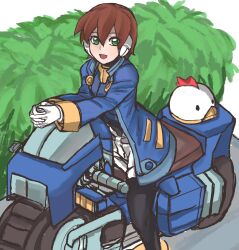 1girl aile_(mega_man_zx) black_bodysuit blue_coat blue_jacket bodysuit bodysuit_under_clothes brown_hair coat cropped_jacket green_eyes highres jacket looking_at_viewer mega_man_(series) mega_man_zx motor_vehicle motorcycle open_mouth raica_(khongbautroi) robot_ears short_hair shorts solo white_shorts