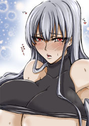 Rule 34 | 00s, 0808, 1girl, bare shoulders, blush, breasts, female focus, gradient background, huge breasts, long hair, red eyes, selvaria bles, senjou no valkyria, senjou no valkyria (series), senjou no valkyria 1, silver hair, solo, sweat, tank top
