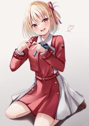 Rule 34 | 1girl, :d, blonde hair, blue bow, bow, breasts, brown footwear, commentary, dress, grey background, grey dress, hair ribbon, hands up, heart, heart hands, highres, lycoris recoil, medium breasts, nishikigi chisato, one side up, open mouth, pleated dress, red dress, red ribbon, ribbon, sakura hiyori, simple background, smile, solo, two-tone dress