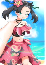 Rule 34 | 1girl, absurdres, aqua eyes, arm behind back, armpits, artist request, asymmetrical bangs, beach, bikini, black hair, breasts, child, collarbone, creatures (company), day, eyelashes, female focus, flower, flower on head, frilled bikini top, game freak, halterneck, happy, highres, huge filesize, legs, light blush, light particles, looking at viewer, marnie (pokemon), marnie (summer 2021) (pokemon), midriff, navel, neck, nintendo, ocean, official alternate costume, outdoors, outstretched arm, pink bikini, pink sarong, pokemon, pokemon masters ex, sarong, selfie, sky, small breasts, smile, sparkle, standing, summer, sunlight, swimsuit, thighs, twintails, two-tone bikini, undercut, water drop