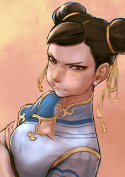 Rule 34 | 1girl, angry, ayaki blade, brown eyes, brown hair, capcom, china dress, chinese clothes, chun-li, commentary, crossed arms, double bun, dress, earrings, english commentary, gameplay mechanics, hair bun, hair ribbon, highres, jewelry, looking away, nose, pout, puffy cheeks, pursed lips, ribbon, short hair, solo, street fighter, street fighter 6, white dress