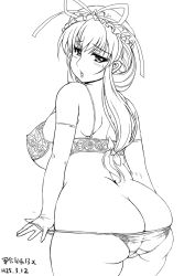 1girl ass astraea13 bra breasts elbow_gloves female_focus from_behind gloves hat highres huge_breasts lace lace_bra long_hair looking_back monochrome panties panty_pull plump solo touhou underwear wide_hips yakumo_yukari