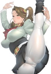 Rule 34 | 1girl, artist name, ascot, belt, black footwear, boots, breasts, brown eyes, brown hair, commentary request, dated, forehead, gundam, gundam build fighters, gundam build fighters try, hair ornament, highres, kotoyoshi yumisuke, large breasts, panties, pantyhose, parted lips, red ascot, sazaki kaoruko, skirt, solo, split, standing, standing on one leg, standing split, thick thighs, thighs, twintails, underwear, white panties