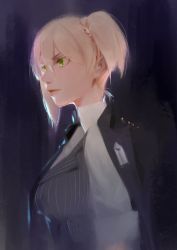 Rule 34 | 1girl, 3four, black jacket, blonde hair, collared shirt, commentary, english commentary, girls&#039; frontline, green eyes, grey jacket, hair between eyes, hair ornament, hair scrunchie, jacket, one side up, scrunchie, shirt, short hair, solo, striped clothes, striped jacket, upper body, welrod mkii (girls&#039; frontline), white shirt, wing collar