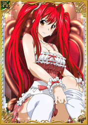 Rule 34 | 00s, 1girl, breasts, card (medium), dress, female focus, hair ornament, ikkitousen, kanpei, large breasts, long hair, long twintails, looking at viewer, red hair, sitting, smile, solo, twintails