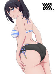Rule 34 | 1girl, ass, bikini, black hair, blue eyes, blush, breasts, commentary, cowboy shot, dutch angle, food-themed hair ornament, from behind, garam masala (7355873), gridman universe, hair between eyes, hair ornament, hands on own thighs, highleg, highleg bikini, highres, layered bikini, looking at viewer, looking back, medium breasts, official alternate costume, orange hair ornament, ponytail, simple background, solo, ssss.gridman, string bikini, striped bikini, striped clothes, swimsuit, takarada rikka, thighs, white background