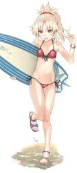 Rule 34 | 1girl, aqua eyes, bikini, blonde hair, blush, bracelet, braid, breasts, collarbone, daiji pt, fate/apocrypha, fate/grand order, fate (series), french braid, front-tie bikini top, front-tie top, full body, groin, holding, jewelry, kickboard, leg up, long hair, looking down, mordred (fate), mordred (fate) (all), mordred (fate/apocrypha), mordred (swimsuit rider) (fate), mordred (swimsuit rider) (first ascension) (fate), navel, open mouth, ponytail, red bikini, sandals, side-tie bikini bottom, small breasts, solo, string bikini, swimsuit, water