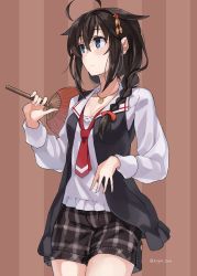 Rule 34 | 1girl, adapted costume, ahoge, black shorts, blue eyes, blush, braid, brown hair, collarbone, cowboy shot, fingernails, hair between eyes, hair flaps, hand fan, highres, holding, holding fan, jewelry, kantai collection, long hair, long sleeves, necklace, necktie, paper fan, red necktie, shigure (kancolle), shigure kai ni (kancolle), shorts, single braid, solo, striped, striped background, sugue tettou, twitter username, uchiwa