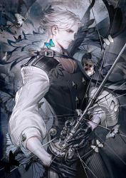 Rule 34 | 1boy, belt, black vest, bug, butterfly, cane, closed mouth, commentary request, facial hair, fate/grand order, fate (series), grey eyes, grey hair, highres, bug, james moriarty (archer) (fate), liduke, long sleeves, male focus, mustache, old, old man, shirt, solo, upper body, vest, white shirt
