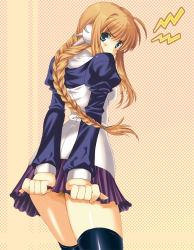 Rule 34 | 00s, 1girl, blonde hair, blush, braid, braided ponytail, brown hair, covering privates, covering ass, green eyes, long hair, maid, oyama (artist), oyama (fortune pandora), robot ears, silfa (to heart), single braid, skirt, solo, thighhighs, to heart (series), to heart 2, to heart 2 ad