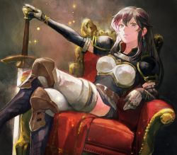 Rule 34 | 1girl, armor, ayra (fire emblem), black hair, boots, breastplate, breasts, dress, earrings, elbow gloves, fire emblem, fire emblem: genealogy of the holy war, gloves, highres, jewelry, long hair, looking at viewer, nintendo, picnicic, purple eyes, shoulder armor, solo, sword, thighhighs, weapon