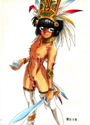 Rule 34 | 1girl, abs, anklet, armlet, aztec, black eyes, black hair, bleeding, blood, bob cut, bracelet, breasts, clitoris, dark-skinned female, dark skin, eyebrows, ez6, facepaint, feathers, feet out of frame, flat chest, injury, jewelry, lips, looking at viewer, machete, magic, mexico, nipples, non-web source, nude, orb, piercing, priestess, princess, pussy, serious, shaman, simple background, small breasts, solo, sword, thighhighs, translation request, tribal, uncensored, warrior, weapon, white background, white thighhighs, witch