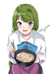 Rule 34 | 1girl, absurdres, ahoge, bad id, bad twitter id, blazer, braid, commentary request, cowboy shot, dress, food, green hair, halterneck, highres, jacket, kantai collection, long hair, mole, mole under mouth, noodles, open mouth, ramen, school uniform, simple background, single braid, solo, sui (sui27shika), very long hair, white background, yuugumo (kancolle), yuugumo kai ni (kancolle)