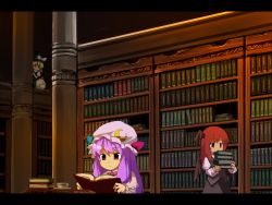 Rule 34 | 3girls, bad id, bad pixiv id, blonde hair, book, bookshelf, carrying, crescent, crescent hat ornament, crescent moon, cup, embodiment of scarlet devil, female focus, hat, hat ornament, head wings, hiding, kirisame marisa, kitsune (kazenouta), kitsune (pixiv), koakuma, letterboxed, library, moon, multiple girls, open book, patchouli knowledge, purple hair, reading, red hair, teacup, touhou, voile, wings, witch, witch hat