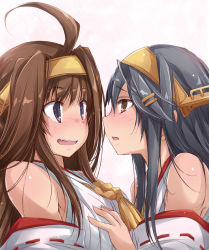 Rule 34 | 10s, 2girls, ahoge, bare shoulders, black hair, blue eyes, blush, brown eyes, brown hair, detached sleeves, embarrassed, eye contact, face-to-face, fang, female focus, hair intakes, hair ornament, hairband, hairclip, hand on another&#039;s chest, hand on breast, haruna (kancolle), headgear, incest, japanese clothes, kantai collection, kongou (kancolle), long hair, looking at another, multiple girls, nontraditional miko, open mouth, purple eyes, remodel (kantai collection), ribbon-trimmed sleeves, ribbon trim, round teeth, shy, siblings, sidelocks, sisters, sweat, teeth, upper body, yumesato makura, yuri