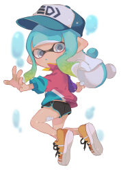 Rule 34 | 1girl, :o, absurdres, aqua hair, aqua headwear, black shorts, gradient hair, green hair, grey eyes, hat, highres, holding, holding weapon, inkling, inkling girl, inkling player character, jacket, long sleeves, looking at viewer, looking back, multicolored clothes, multicolored hair, multicolored jacket, nintendo, open mouth, orange footwear, pointy ears, sahata saba, shoes, short shorts, shorts, sneakers, splatoon (series), tentacle hair, water drop, weapon, white background