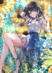 Rule 34 | 1girl, absurdres, bare legs, black hair, blouse, blue bow, blue skirt, blush, bow, breasts, flower, highres, long hair, looking at viewer, medium breasts, motimoti067, original, sandals, shirt, short sleeves, skirt, smile, solo, strappy heels, sunflower, underwater, water, white shirt, yellow eyes