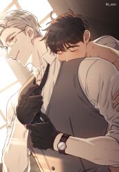 Rule 34 | 2boys, absurdres, adjusting clothes, adjusting necktie, bite mark, bite mark on shoulder, black gloves, brown hair, closed eyes, closed mouth, collared shirt, gloves, head on another&#039;s shoulder, highres, ilay riegrow, jeong taeui, multiple boys, necktie, o ssion, passion (manhwa), shirt, sleeping, sleeping on person, sunlight, sweater vest, watch, white hair, white shirt, window shadow, wristwatch