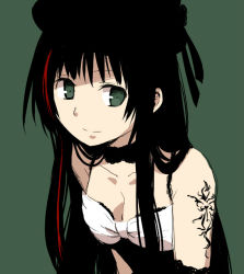 Rule 34 | 1girl, astral dogma (yousei teikoku), bare shoulders, black hair, breasts, choker, cleavage, elbow gloves, female focus, gloves, gothic lolita, green background, green eyes, hat, hime cut, j-rock, lace, lace trim, lolita fashion, long hair, looking to the side, multicolored hair, pitsuuta, ribbon, simple background, sketch, solo, straight hair, tattoo, two-tone hair, yousei teikoku, yui (yousei teikoku)