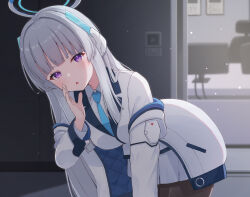 Rule 34 | 1girl, all fours, black pantyhose, blue archive, blue necktie, blunt bangs, blush, breasts, collared shirt, commentary request, grey hair, halo, hand up, highres, hikkyou, indoors, jacket, large breasts, long hair, long sleeves, looking at viewer, mechanical halo, necktie, noa (blue archive), off shoulder, open mouth, pantyhose, purple eyes, shirt, skirt, solo, vest, whispering, white jacket, white shirt, white skirt, white vest