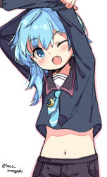 Rule 34 | 1girl, asymmetrical hair, black sailor collar, black shorts, blouse, blue eyes, blue hair, blue necktie, blue shirt, commentary request, cowboy shot, crescent, crescent pin, fang, kantai collection, laco soregashi, leaning to the side, looking at viewer, midriff, minazuki (kancolle), navel, necktie, one-hour drawing challenge, one eye closed, sailor collar, school uniform, serafuku, shirt, shorts, simple background, solo, stretching, twitter username, white background