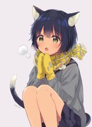 Rule 34 | 1girl, :o, animal ear fluff, animal ears, bad id, bad pixiv id, bare legs, black sailor collar, black skirt, blue hair, blush, breath, brown eyes, cat ears, cat girl, cat tail, commentary request, feet out of frame, fringe trim, grey background, grey sweater, konayama kata, looking at viewer, miniskirt, mittens, open mouth, original, own hands together, plaid, plaid scarf, sailor collar, scarf, school uniform, short hair, simple background, skirt, solo, squatting, sweater, tail, yellow mittens, yellow scarf