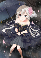 Rule 34 | 1girl, bare shoulders, blue eyes, collarbone, dress, drill hair, frilled dress, frills, hair ornament, highres, holding, long hair, looking at viewer, original, petals, rain, silver hair, sitting, solo, twin drills, umbrella, yon (letter)