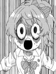 Rule 34 | 1girl, bow, bowtie, check commentary, commentary request, constricted pupils, gloom (expression), greyscale, hair bow, highres, idolmaster, idolmaster cinderella girls, jougasaki mika, long hair, looking at viewer, monochrome, munbato (watari megumi), open mouth, parody, ponytail, shirt, sidelocks, sleeves rolled up, solo, spy x family, striped bow, striped bowtie, striped clothes, sweat, teeth, upper body, upper teeth only