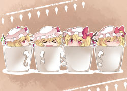 Rule 34 | &gt; &lt;, 4girls, :3, :d, blonde hair, blush, chibi, clone, closed eyes, cup, female focus, flandre scarlet, four of a kind (touhou), hammer (sunset beach), hat, in container, in cup, looking at viewer, mirumo de pon!, mug, multiple girls, multiple persona, open mouth, parody, red eyes, short hair, side ponytail, sideways glance, smile, touhou, wings, xd