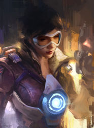 Rule 34 | 1girl, black gloves, bodysuit, bomber jacket, brown eyes, brown hair, brown jacket, chest harness, dated, elbow gloves, fur trim, gloves, goggles, gun, handgun, harness, highres, holding, holding gun, holding weapon, jacket, leather, leather jacket, light smile, lips, overwatch, overwatch 1, pistol, red lips, short hair, short sleeves, sleeves rolled up, solo, spiked hair, swept bangs, tracer (overwatch), union jack, upper body, vambraces, weapon