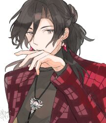 Rule 34 | 1boy, black hair, black shirt, closed mouth, constantine xi (fate), earrings, fate/grand order, fate (series), grey eyes, hair between eyes, hair bun, half updo, hand up, highres, jacket, jewelry, kitada, long hair, looking at viewer, male focus, official alternate costume, pendant, plaid, plaid jacket, red jacket, ring, shirt, simple background, single hair bun, solo, twitter username, upper body, white background
