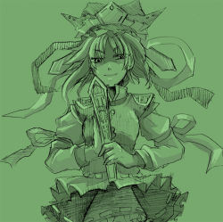 Rule 34 | 1girl, bow, female focus, green theme, hat, looking at viewer, monochrome, phantasmagoria of flower view, ribbon, ririvery, rod of remorse, shiki eiki, simple background, sketch, solo, touhou