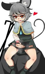 Rule 34 | 1girl, animal ears, arm behind back, boots, capelet, censored, clothing cutout, crystal, cum, dowsing rod, dress, epic armageddon, foreskin, foreskin pull, futanari, grey dress, grey hair, heart, highres, mouse ears, mouse tail, nazrin, open mouth, orange eyes, penis, pointless censoring, raised eyebrows, sitting, solo, sweat, tail, touhou, white sleeves