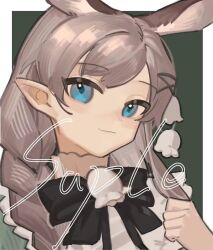 Rule 34 | 1girl, animal ears, black bow, black bowtie, blue eyes, border, bow, bowtie, brown hair, green background, hair ornament, hand up, high collar, highres, kofi-mo, light smile, looking at viewer, original, outside border, pointy ears, portrait, rabbit ears, sample watermark, sketch, solo, typo, watermark, white border, x hair ornament