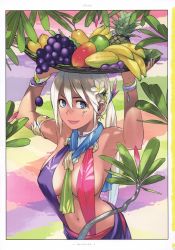 Rule 34 | 1girl, armpits, banana, between breasts, blue eyes, blue neckerchief, body writing, breasts, dark-skinned female, dark skin, facial tattoo, flera, flower, food, from side, fruit, fruit bowl, grapes, green neckerchief, hair between eyes, hair flower, hair ornament, halterneck, highres, large breasts, leaf hair ornament, lemon, lime (fruit), long hair, looking at viewer, mango, melon, neckerchief, no bra, original, outdoors, parted bangs, pear, pineapple, plum, ponytail, revealing clothes, scan, sideboob, smile, solo, standing, starfruit, tattoo, very long hair, white hair, yukimi