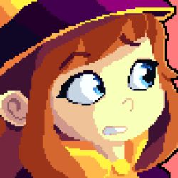Rule 34 | 1girl, a hat in time, aiming, aiming at viewer, arm at side, blue eyes, brown hair, cape, chibi, closed mouth, collared cape, cropped torso, furrowed brow, gun, handgun, hat, hat kid, high collar, highres, holding, holding gun, holding weapon, jacket, long hair, long sleeves, looking at viewer, outstretched arm, parted bangs, pixel art, ponytail, purple jacket, simple background, solo, top hat, upper body, weapon, white background, yellow cape, zipper, zipper pull tab