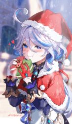 Rule 34 | 1girl, absurdres, ahoge, artist name, ascot, asymmetrical gloves, blue gloves, blue hair, blurry, blurry background, capelet, closed mouth, commentary, drop-shaped pupils, eating, food, fur-trimmed capelet, fur-trimmed headwear, fur trim, furina (genshin impact), genshin impact, gloves, hair between eyes, half gloves, hat, heterochromia, highres, holding, holding food, jacket, light blue hair, long hair, low ponytail, macaron, mismatched gloves, outdoors, pastry, pom pom (clothes), red capelet, red gloves, red hat, santa hat, snowing, solo, symbol-shaped pupils, vision (genshin impact), vitashogun, white gloves, white hair