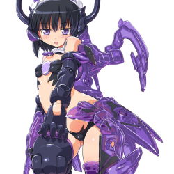 Rule 34 | 10s, 1girl, :d, armor, bad id, bad pixiv id, black hair, busou shinki, dd (ijigendd), doll joints, female focus, flat chest, joints, open mouth, purple eyes, short hair, simple background, smile, solo, white background, zilvern